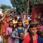 A grand Kalash procession was taken out from various puja pandals of Vishrampur with great fanfare and chants of Jai Mata Di filled the area