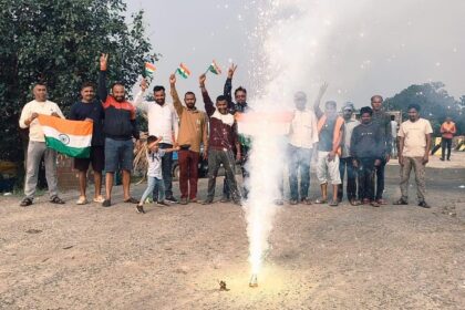 Celebrations erupted at Panchamadhav after Indias World Cup win with youngsters waving the tricolour an