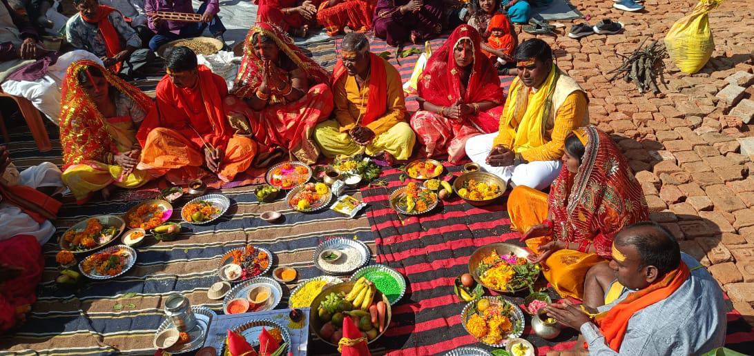 Shri Shri 1008 Shatchandi Mahayagya started with the installation of the village goddess and the ground breaking ceremony and flag hoisting